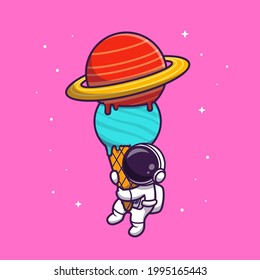 Cute Astronaut Holding Ice Cream Planet Cartoon Vector Icon Illustration. Science Food Icon Concept Isolated Premium Vector. Flat Cartoon Style