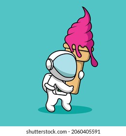 Cute Astronaut Holding Ice Cream Planet Cartoon Vector Icon Illustration. Science Food Icon Concept Isolated Premium Vector. Flat Cartoon Style