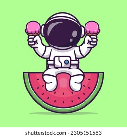 Cute Astronaut Holding Ice Cream Cone On Watermelon Cartoon Vector Icon Illustration. Science Food Icon Concept Isolated Premium Vector. Flat Cartoon Style