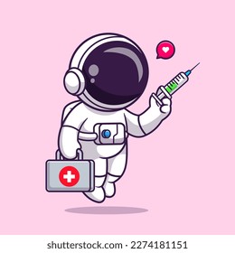 Cute Astronaut Holding Injektion und Arzneimittel Lagerung Box Cartoon Vektorsymbol Illustration. Science Healthy Icon Concept Isolated Premium Vector. Flachbildkartonstil