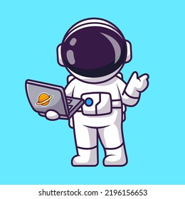 Cute Astronaut Holding Laptop Cartoon Vector Icon Illustration. Science Technology Icon Concept Isolated Premium Vector. Flat Cartoon Style