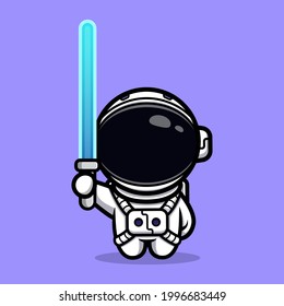 Cute astronaut holding laser sword mascot design 