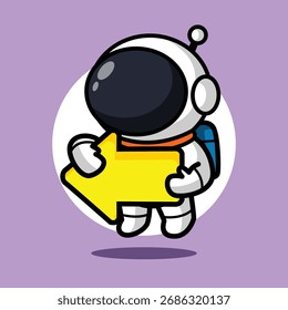 Astronauta lindo que sostiene la ilustración de la flecha izquierda para el diseño del concepto del carácter y de la navegación de la historieta del espacio