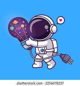 Cute Astronaut Holding Light Bulb Space Cartoon Vector Icon Illustration. Science Technology Icon Concept Isolated Premium Vector. Flat Cartoon Style