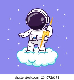 Cute Astronaut Holding Lightning Thunder On Cloud Cartoon Vector Icon Illustration. Science Technology Icon Concept Isolated Premium Vector. Flat Cartoon Style