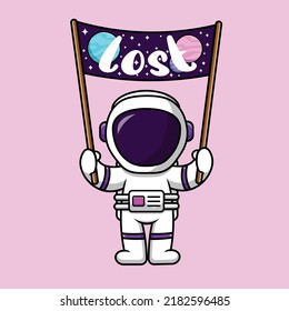 Cute Astronaut Holding Lost Space Board Cartoon Vector Icon Illustration. Science Technology Flat Cartoon Concept