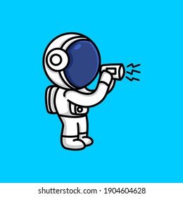 Cute astronaut holding loudspeaker calling for attention cartoon illustration