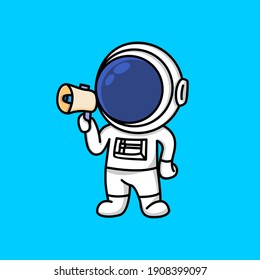 Cute astronaut holding loudspeaker calling for attention cartoon illustration