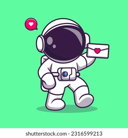 Cute Astronaut Holding Love Letter with Envelope Cartoon Vector Icon Illustration. Science Holiday Icon Concept Isolated Premium Vector. Flat Cartoon Style