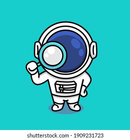 Cute astronaut holding magnifying glass cartoon illustration