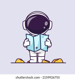 Cute Astronaut Holding Map In Moon Cartoon Vector Icon Illustration Science Technology Icon Concept Isolated Premium Vector. Flat Cartoon Style