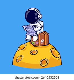Cute Astronaut Holding Map And Suitcase On Moon Cartoon Vector Icon Illustration. Science Holiday Icon Concept Isolated Premium Vector. Flat Cartoon Style