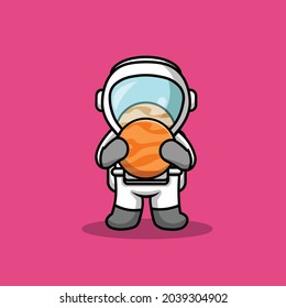 Cute Astronaut Holding Mars Cartoon Vector Icon Illustration. Space Icon Concept Isolated Premium Vector. Flat Cartoon Style