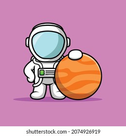 Cute Astronaut Holding Mars Cartoon Vector Icon Illustration. Science Holiday Icon Concept Isolated Premium Vector. Flat Cartoon Style