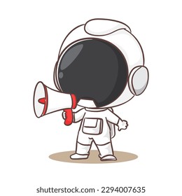 Cute astronaut holding megaphone cartoon character. Space concept design. Hand drawn flat adorable chibi vector illustration. Isolated white background