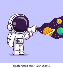 Cute Astronaut Holding Megaphone Space Cartoon Vector Icon Illustration. Science Technology Icon Concept Isolated Premium Vector. Flat Cartoon Style