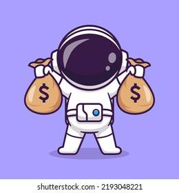 Cute Astronaut Holding Money Bag Cartoon Vector Icon Illustration Science Business Icon Concept Isolated Premium Vector. Flat Cartoon Style