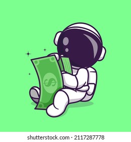 Cute Astronaut Holding Money Cartoon Vector Icon Illustration. Science Business Icon Concept Isolated Premium Vector. Flat Cartoon Style