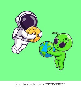 Cute Astronaut Holding Moon And Alien Holding Earth Globe Cartoon Vector Icon Illustration. Science Technology Icon Concept Isolated Premium Vector. Flat Cartoon Style