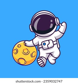 Cute Astronaut Holding Moon Ball Cartoon Vector Icon Illustration. Science Technology Icon Concept Isolated Premium Vector. Flat Cartoon Style