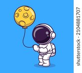 Cute Astronaut Holding Moon Balloon Cartoon Vector Icon Illustration. Science Technology Icon Concept Isolated Premium Vector. Flat Cartoon Style
