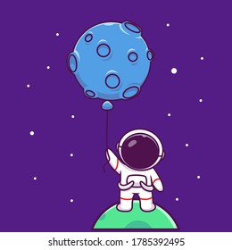 Cute Astronaut Holding Moon Balloon Cartoon Vector Icon Illustration. People Science Space Icon Concept Isolated Premium Vector. Flat Cartoon Style