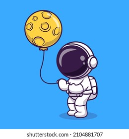 Cute Astronaut Holding Moon Balloon Cartoon Vector Icon Illustration. Science Technology Icon Concept Isolated Premium Vector. Flat Cartoon Style