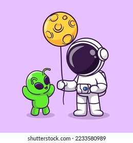 Cute Astronaut Holding Moon Balloon With Baby Alien Cartoon Vector Icon Illustration. Science Technology Icon Concept Isolated Premium Vector. Flat Cartoon Style