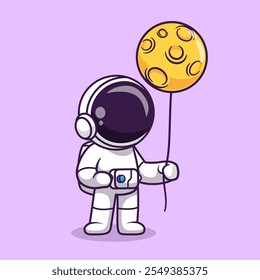 Astronauta bonito segurando o ícone do vetor do desenho animado do balão da lua 
Ilustração. Conceito de ícone de tecnologia de ciência isolado 
Vetor Premium. Estilo de Desenho Animado Plano 