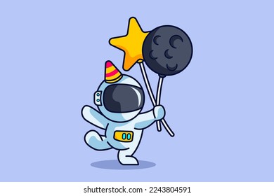 cute astronaut holding moon balloons and stars with party hats