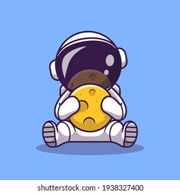 Cute Astronaut Holding Moon Cartoon Vector Icon Illustration. Science Technology Icon Concept Isolated Premium Vector. Flat Cartoon Style