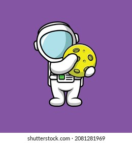 Cute Astronaut Holding Moon Cartoon Vector Icon Illustration. Science Icon Concept Isolated Premium Vector. Flat Cartoon Style