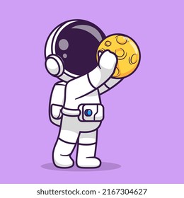 Cute Astronaut Holding Moon Cartoon Vector Icon Illustration. Science Technology Icon Concept Isolated Premium Vector. Flat Cartoon Style