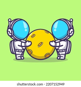 cute astronaut holding the moon cartoon vector icon illustration