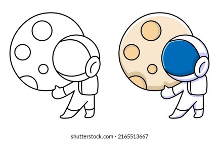 cute astronaut holding the moon coloring page for kids