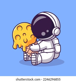 Cute Astronaut Holding Moon Ice Cream Cartoon Vector Icon Illustration. Science Food Icon Concept Isolated Premium Vector. Flat Cartoon Style