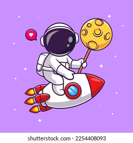 Cute Astronaut Holding Moon Lollipop auf Rocket Cartoon Vektorsymbol Illustration. Science Technology Icon Konzept isolierter Premium-Vektorgrafik. Flachbildkartonstil