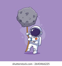 Cute Astronaut holding moon over purple background. Vector cartoon illustration.	
