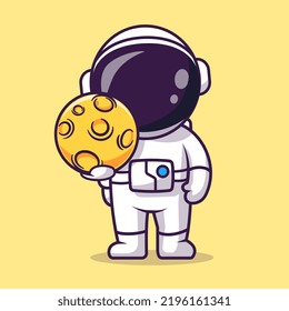 Cute Astronaut Holding Moon Planet Cartoon Vector Icon Illustration Science Technology Icon Concept Isolated Premium Vector. Flat Cartoon Style