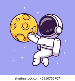 Cute Astronaut Holding Moon In Space Cartoon Vector Icon Illustration. Science Technology Icon Concept Isolated Premium Vector. Flat Cartoon Style