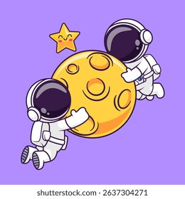 Cute Astronaut Holding Moon Together Cartoon Vector Icon Illustration. Science Technology Icon Concept Isolated Premium Vector. Flat Cartoon Style