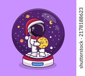 Cute Astronaut Holding Moon In Winter Snow Globe Space Cartoon Vector Icon Illustration Science Holiday Icon Concept Isolated Premium Vector. Flat Cartoon Style
