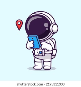 Cute Astronaut Holding Phone With Map Location Cartoon Vector Icon Illustration Science Technology Icon Concept Isolated Premium Vector. Flat Cartoon Style