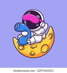 Cute Astronaut Holding Pillow on Moon Cartoon Vector Icon Illustration. Science Technology Icon Concept Isolated Premium Vector. Flat Cartoon Style