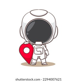 Cute astronaut holding pin location cartoon character. Space concept design. Hand drawn flat adorable chibi vector illustration. Isolated white background