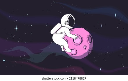 Cute astronaut holding to the planet