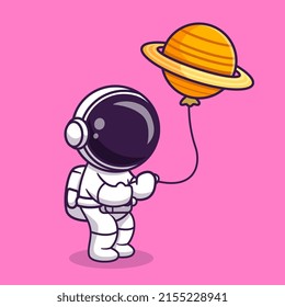 Cute Astronaut Holding Planet Balloon Cartoon Vector Icon Illustration. Science Technology Icon Concept Isolated Premium Vector. Flat Cartoon Style
