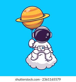 Cute Astronaut Holding Planet Balloon on Cloud Cartoon Vector Icon Illustration. Science Technology Icon Concept Isolated Premium Vector. Flat Cartoon Style