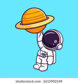 Cute Astronaut Holding Planet Cartoon Vector Icon Illustration. Science Technology Icon Concept Isolated Premium Vector. Flat Cartoon Style