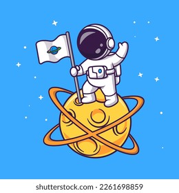 Astronauta lindo sosteniendo la bandera del planeta en la ilustración del icono del vector de dibujos animados de la luna. Concepto de icono de la tecnología de la ciencia Vector Premium aislado. Estilo de dibujo plano